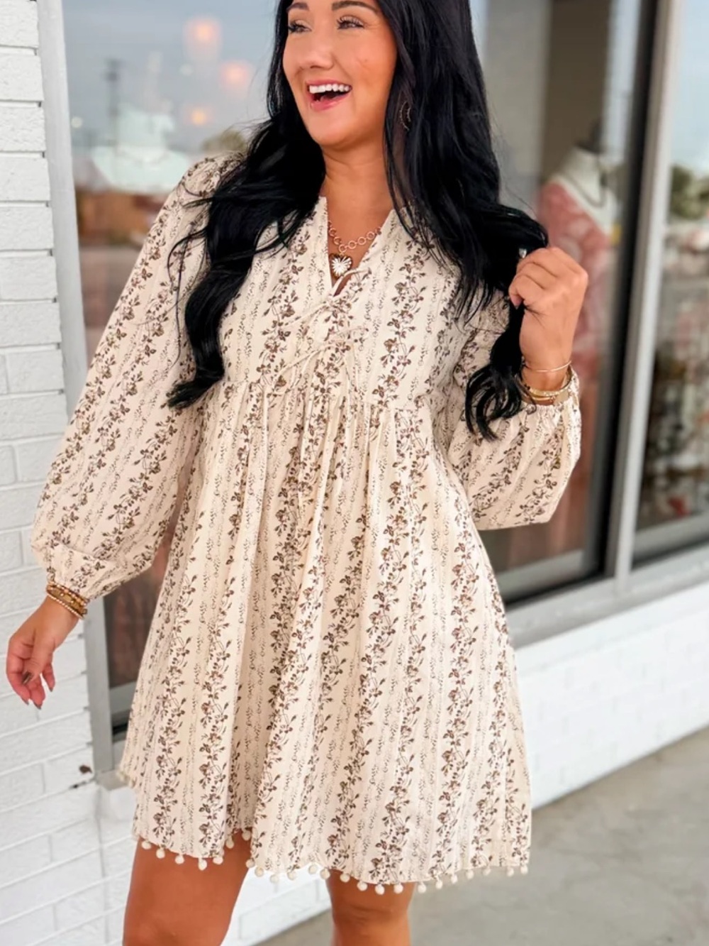 Annie Floral Cream Long-Sleeve Babydoll Dress